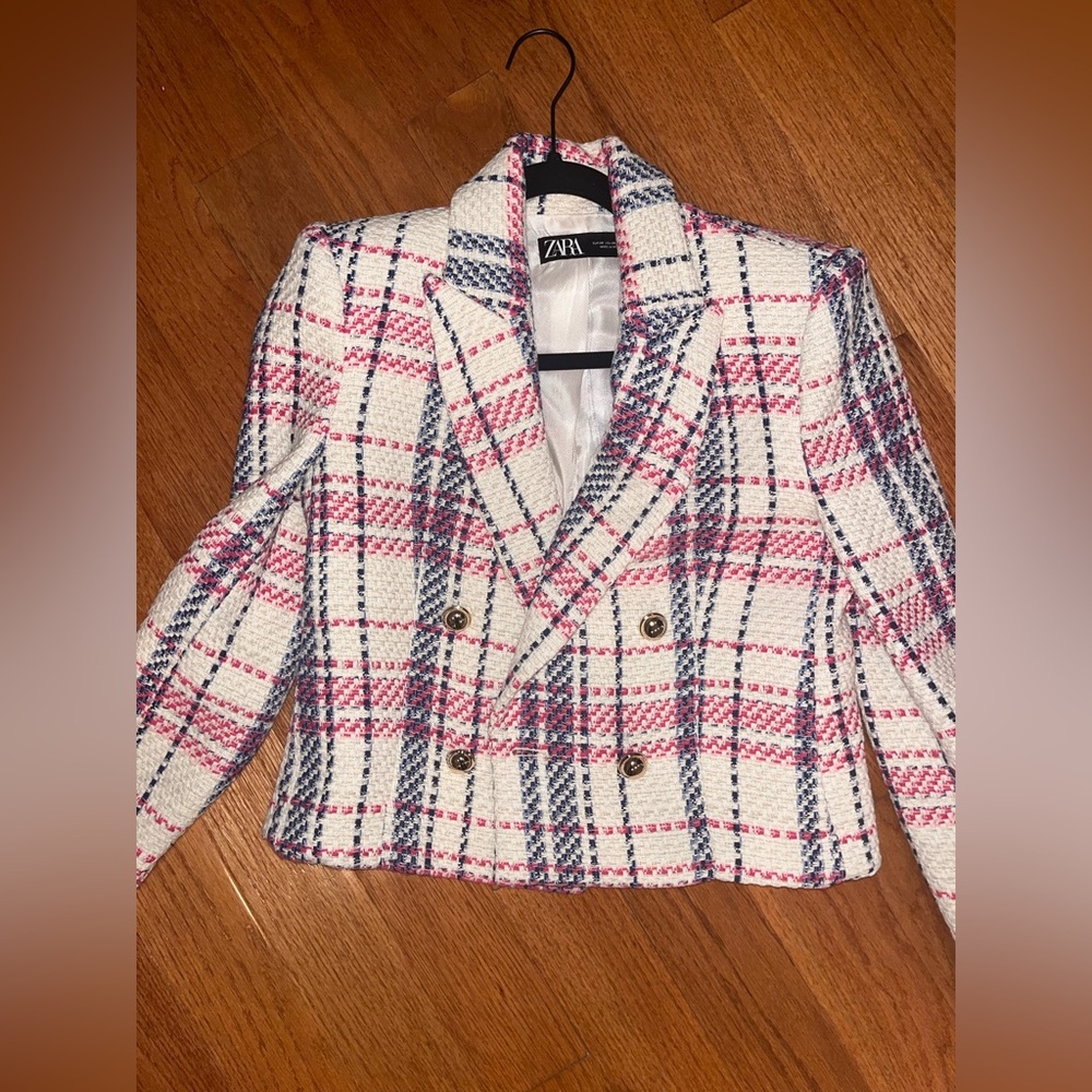Zara Tweed Pink and Navy Crop Blazer XS